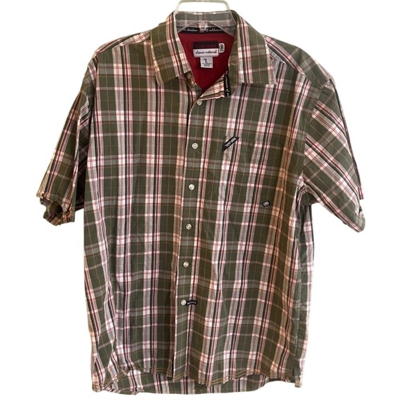 Ecko Unltd Green Tan & Red Plaid Short Sleeve Button Down Shirt‎ Large - Picture 1 of 4